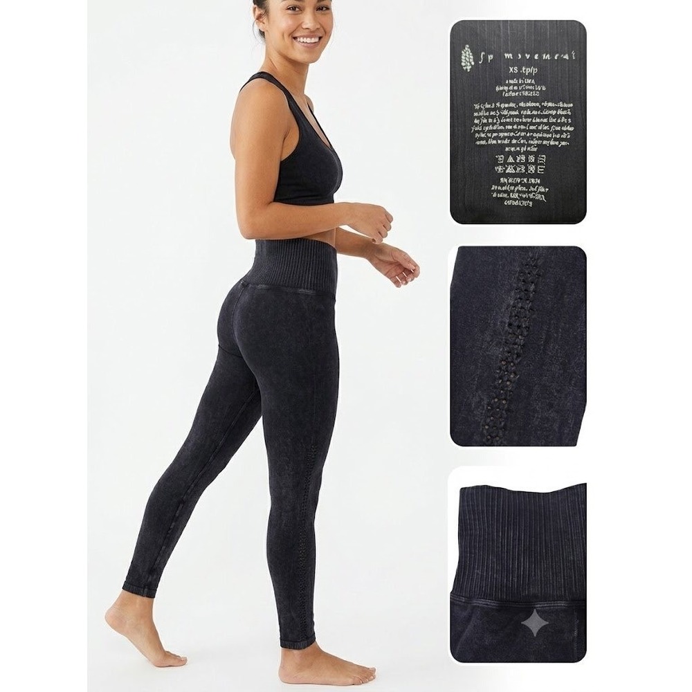 FP Movement Free People Seamless Leggings XS S Black Mineral Wash Eyelet Cutout